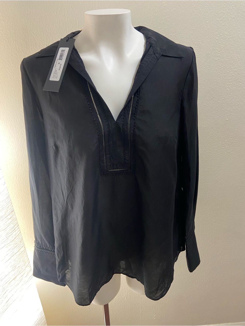 NWT - Kobi Halperin Black Cotton Silk Sabrina Long Sleeve  Blouse - Small